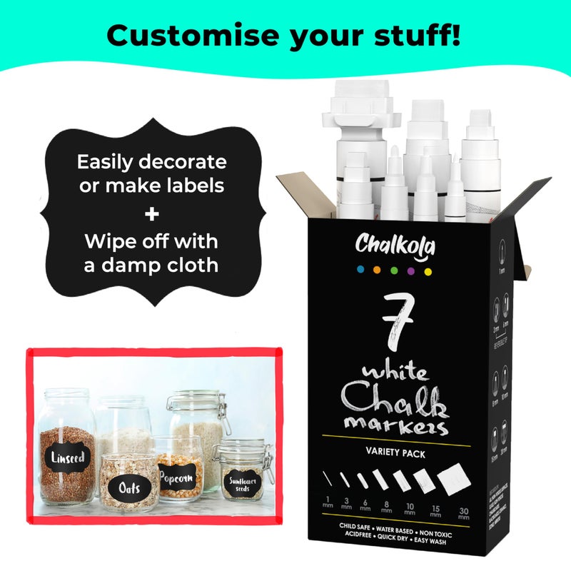 Chalkola 7 White Chalk Markers for Chalkboard Signs, Blackboard, Car Window, Bistro, Glass | 7 Variety Pack - Thin, Fine Tip, Bold & Jumbo Size Erasable Liquid Chalk Pens (1mm, 3mm, 6mm, 8mm, 10mm, 15mm, 30mm) - Image 3
